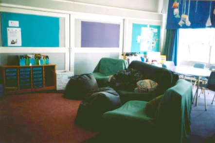 Classroom at Forbury Primary School in Dunedin, NZ, created with soothing blue-green-tone colours, especially helpful for calming hyperactive students.